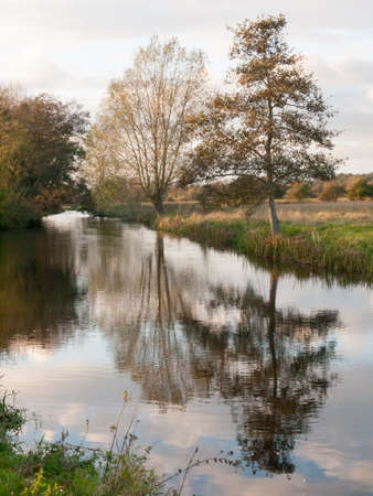 beautiful river stour lake autumn trees reflection countryside; essex; england; ukの写真素材