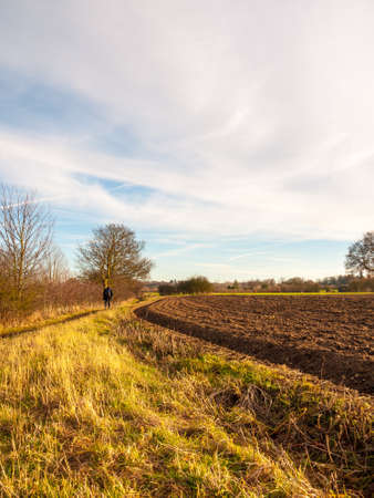 walking through brown ploughed agricultural field outside farm landscape sky ground dirt; essex; england; ukの写真素材