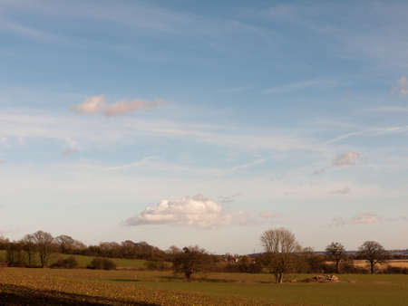 large open grass agriculture field outside blue cloudy sky; essex; england; ukの写真素材