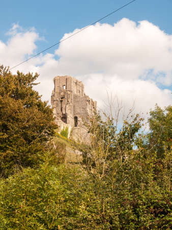 landscape summer's day corfe castle special ruins medieval old nature trees sky clouds; Dorset; England; UKの写真素材