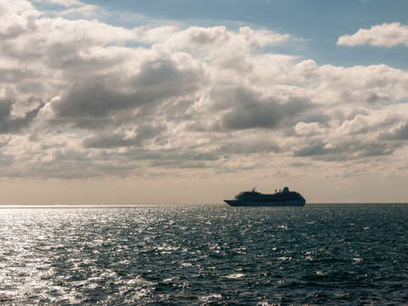 open blue ocean large boat transport shipping clouds nature landscape; Dorset; England; UKの写真素材