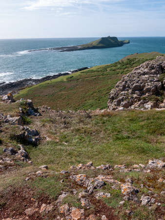 Worms Head South Wales Gower peninsula outside coastal scene - Wales; UKの写真素材