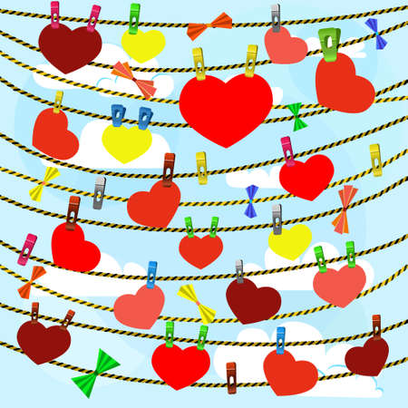 card on valentine day with a lot of hearts on clothespinsのイラスト素材