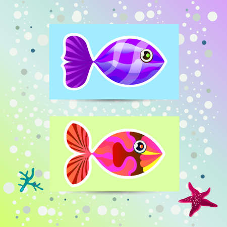 illustration depicting unusual multicolored fish on stickers. vectorのイラスト素材