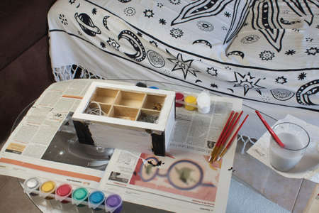 painting table with brushes and colorsの写真素材