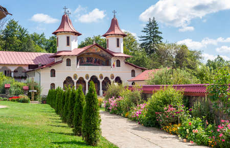 View of interior yard of Crasna Monastery, beautiful old orthodox monastery in Izvoarele village, Prahova County, Romaniaのeditorial素材