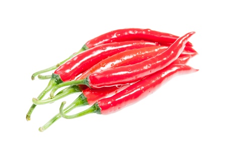 Green stems of fresh red chilies isolated on white backgroundの写真素材