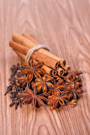Assorted spices on wood backgroundの写真素材
