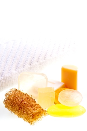 Soaps, loofah and bath towelの写真素材