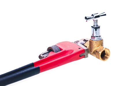 Pipe wrench holding brass pipe fixtureの写真素材