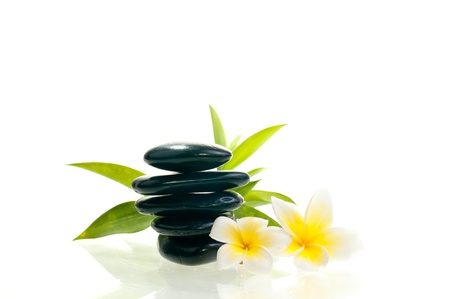 Black zen stone with two white flowers and bamboo backgroundの写真素材