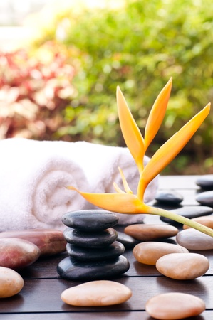 Spa concept with heliconia and stacked black zen stones outdoorの写真素材