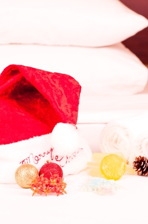 Christmas holiday spa concept with soap and bath salts in a hotelの写真素材