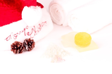 Christmas holiday spa concept with soaps,bath salt in a shape of a treeの写真素材