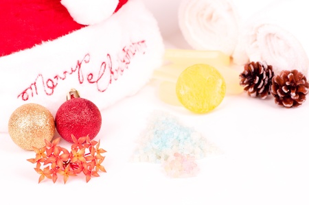 Christmas holiday spa concept with soap and bath salts の写真素材