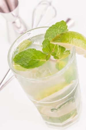 Mojito cocktail with bar tools backgroundの写真素材
