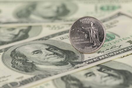 2008 Hawaii State Quarter on one hundred dollar bills background の写真素材