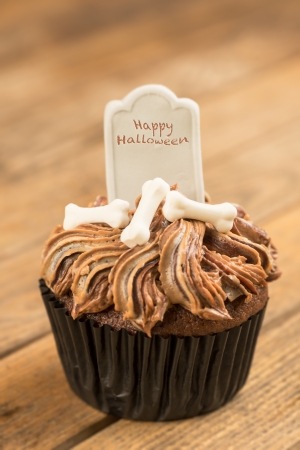Happy Halloween chocolate cupcake close up の写真素材