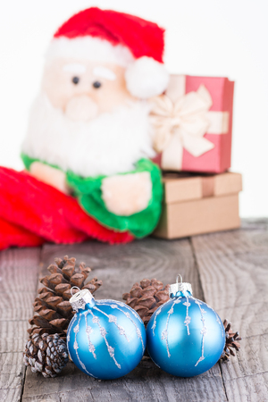 Christmas baubles and pine cones close-upの写真素材