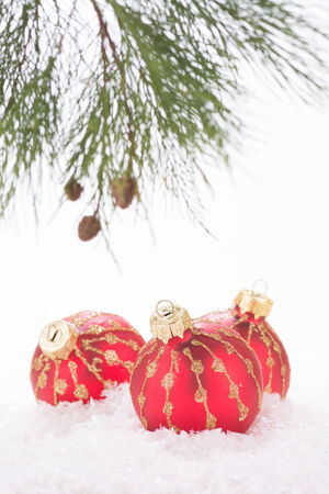 Red Christmas baubles in snowflakes and pine tree branch  close-upの写真素材