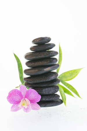 Black zen stones with purple Dendrobium orchidの写真素材
