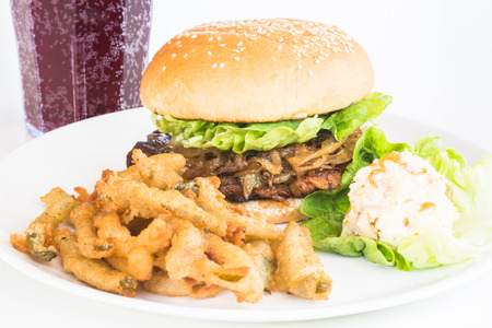 Grilled Chicken Burger with caramelized onions served with jalapeno fries and coleslawの写真素材