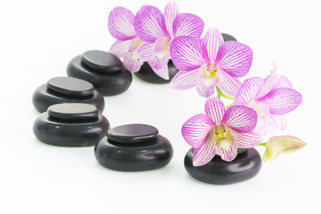 Spa with basalt stones and orchid flowers close upの写真素材