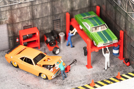 Miniature mechanics at the workshop top viewの写真素材