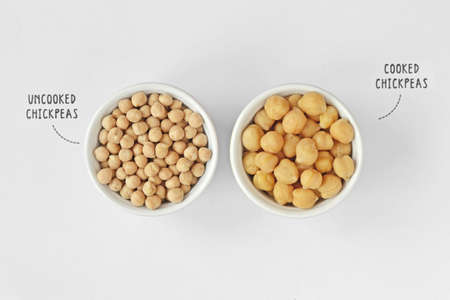 Cooked and uncooked chickpeas on white backgroundの写真素材