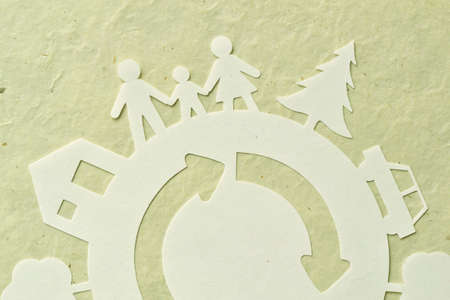 Paper cut of family with home, tress, car - Ecology conceptの写真素材