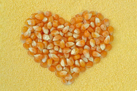 Corn kernels heart on maize flour backgroundの写真素材