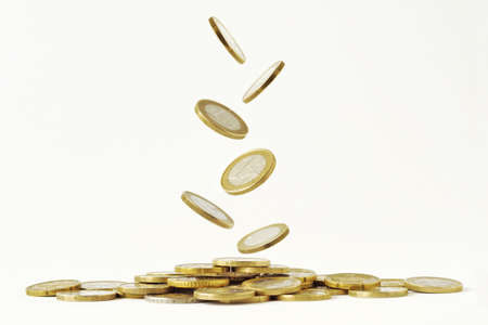 Falling euro coins on white backgroundの写真素材