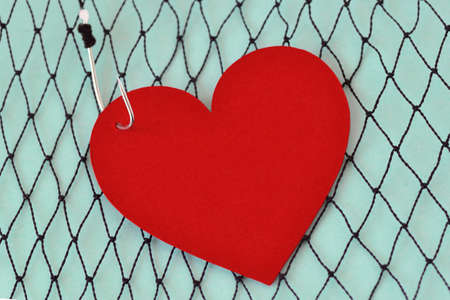 Heart on fish hook on fishing net - Love conceptの写真素材