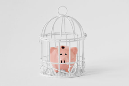 Piggy bank closed in a cage on white background - Concept of savings blockedの写真素材