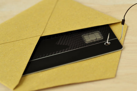 Credit card in evelope with fish wook - Concept of credit card phishing and securityの写真素材