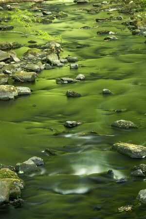 Small rapids and green reflections with sunstreaks on the water of the Blackledge River in Gay City State Park Hebron Connecticut.の写真素材