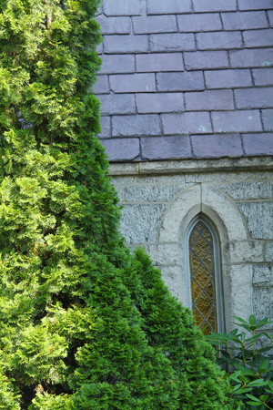 Narrow, pointed, vertical window in gray stone wall with green shrub outside St. James Episcopal Church, Keene, New Hampshire.の写真素材
