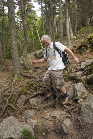 Senior male with white beard, in t-shirt and shorts, hiking with a backpack on a rocky trail on Mt. Kearsarge, New Hampshire, vertical image, stepping down.の写真素材