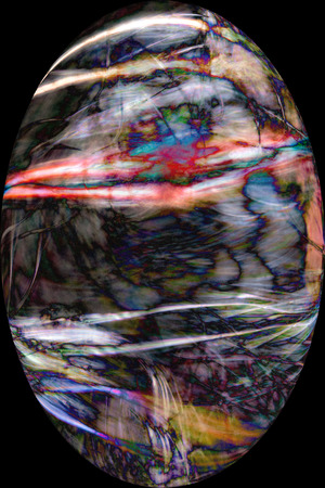 Bright, vibrant, abstract micrograph of multicolor spider silk glowing at 100x, digitally altered oval vignette with polarization.の写真素材