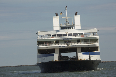 LEWES, DELAWARE, USA - MARCH 7, 2017: Bow of the Cape May ferry as it nears the dock at Lewes, Delaware, carrying both passengers and vehicles.のeditorial素材
