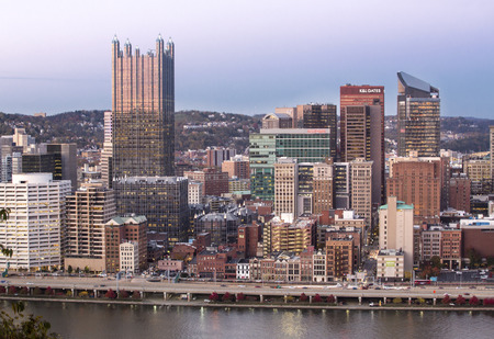 Pittsburgh, Pennsylvania / USA - November 7, 2018: Warm glow of the cityscape along the Monongahela River, in a scenic view from Mt. Washington just after a November sunset.のeditorial素材