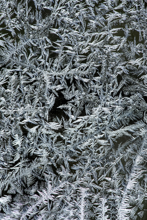 Feathery ice patterns on a frosted window in the winter in northern Maine.の写真素材