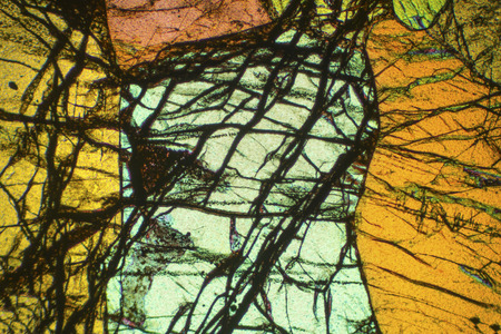 Abstract micrograph of the mineral olivine pyroxenite, viewed with a polarizing microscope at 100x.の写真素材
