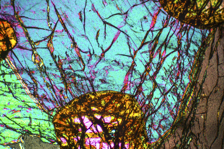 Abstract micrograph of the mineral olivine pyroxenite, viewed with a polarizing microscope at 100x.