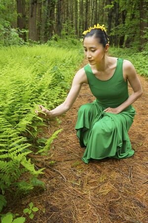 Woman dancer in green dress, looking at fern leaves along a path in the woods, at the Belding Wildlife Management Area in Vernon, Connecticut.の写真素材