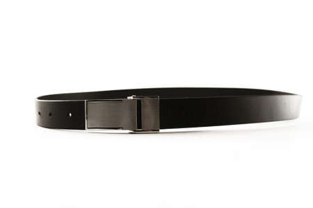 Black leather belt with stainless steel buckleの写真素材