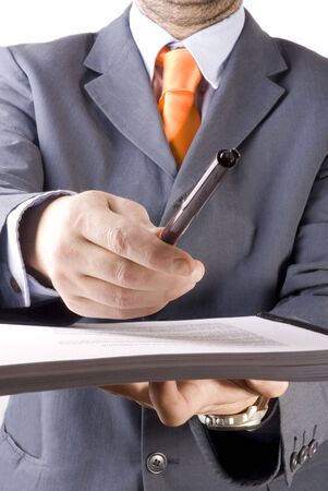 business man giving pappers to sign in a withe backgroundの写真素材