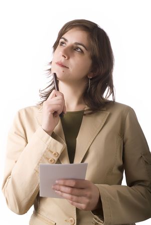 young business women thinking with a papper in her handの写真素材