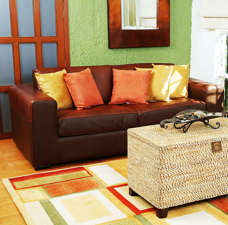 brown modern couch and wood bookcase in a living roomのeditorial素材