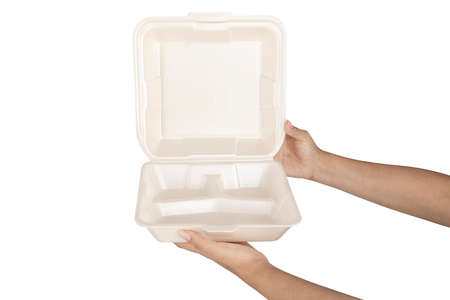Hand wit Beige natural plant fiber disposable solated on white background